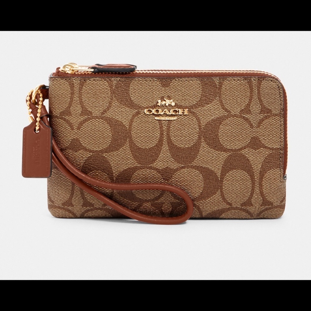 NWT 🔥 Coach Double Corner Zip Wristlet In Signature Canvas